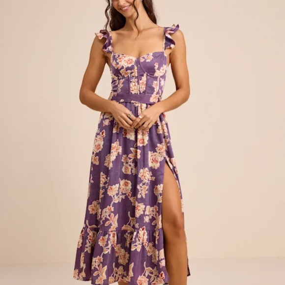 Lulus Dresses & Skirts - Lulus Sweet Like Sangria Purple Floral Ruffled Bustier Midi Dress - Size M